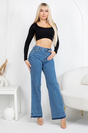 HIgh rise straight denim jeans with rinestones