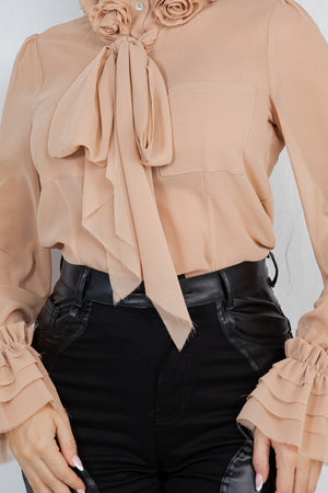 Lyana ed flower trim long sleeve blouse