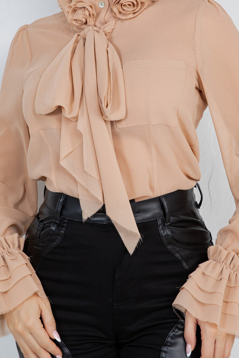 Lyana ed flower trim long sleeve blouse