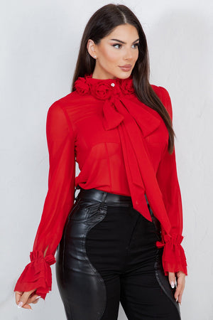 Lyana ed flower trim long sleeve blouse