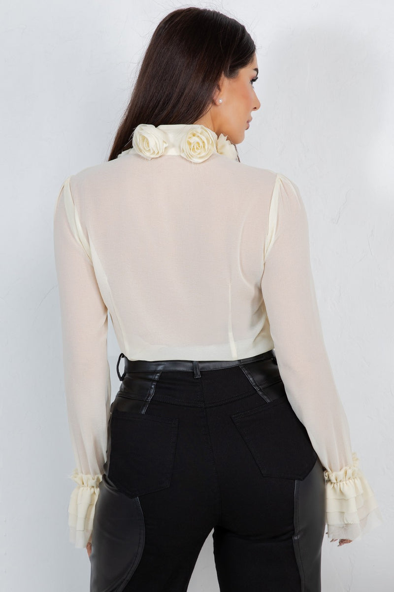 Lyana ed flower trim long sleeve blouse