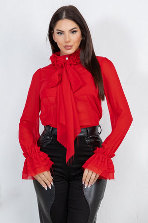 Lyana ed flower trim long sleeve blouse