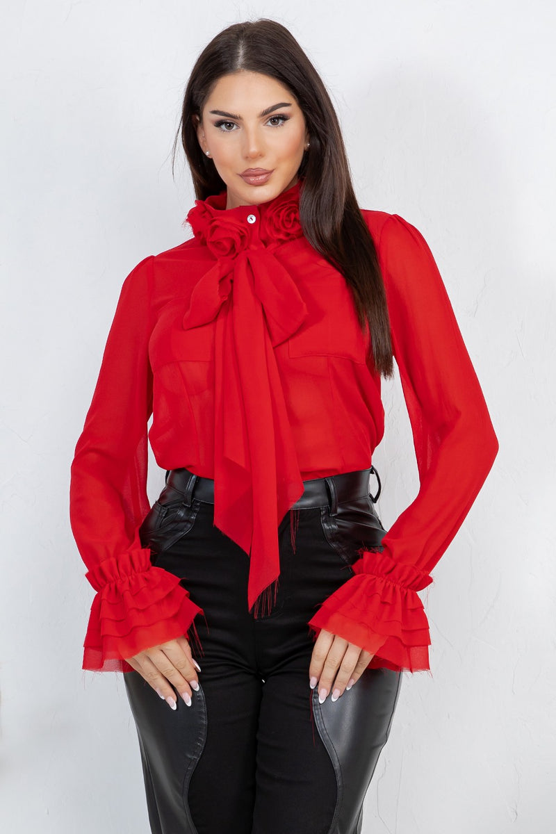 Lyana ed flower trim long sleeve blouse