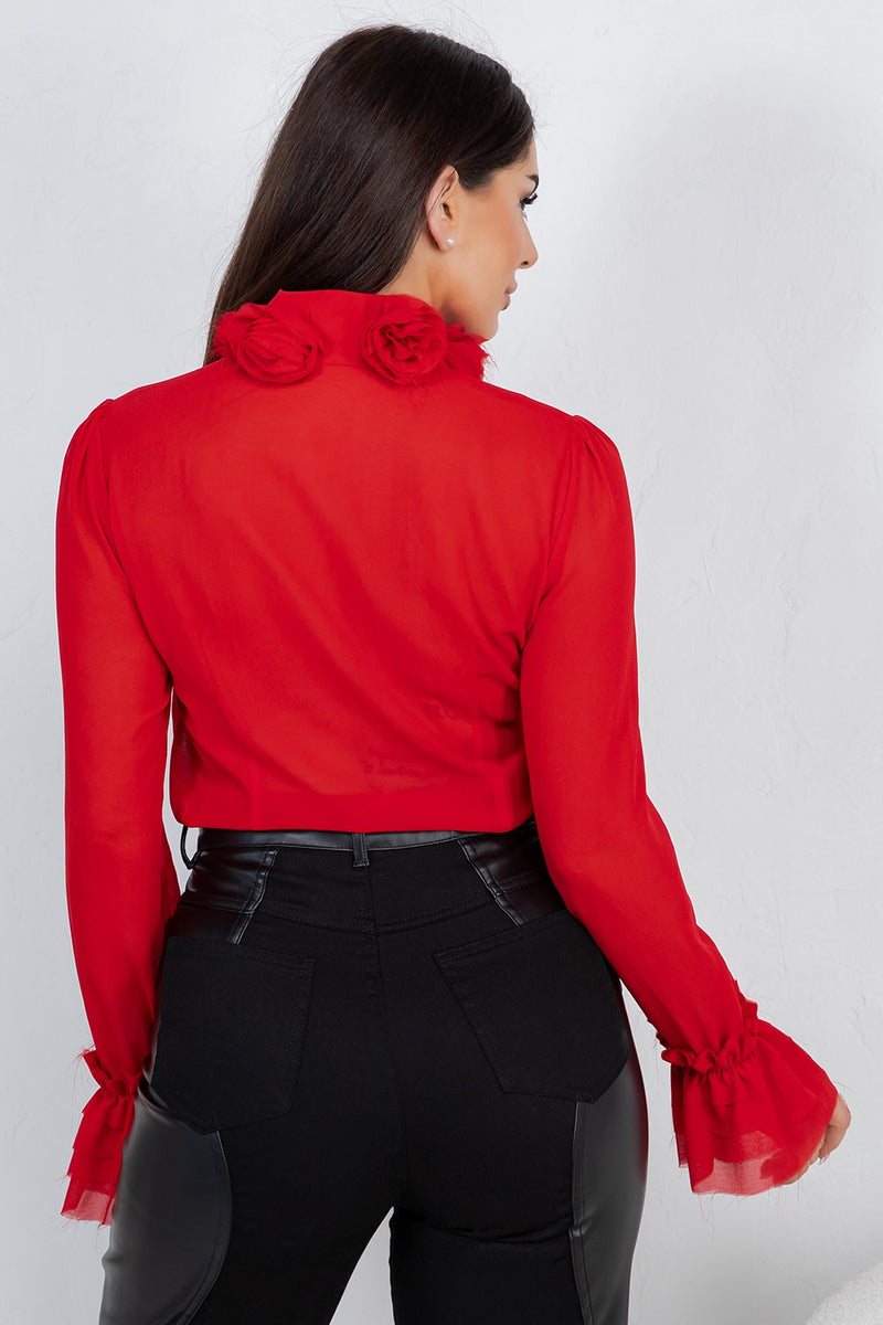 Lyana ed flower trim long sleeve blouse