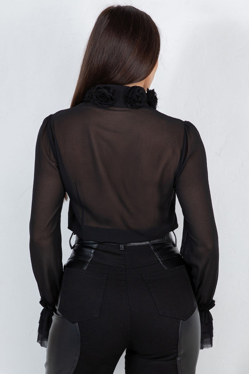 Lyana ed flower trim long sleeve blouse