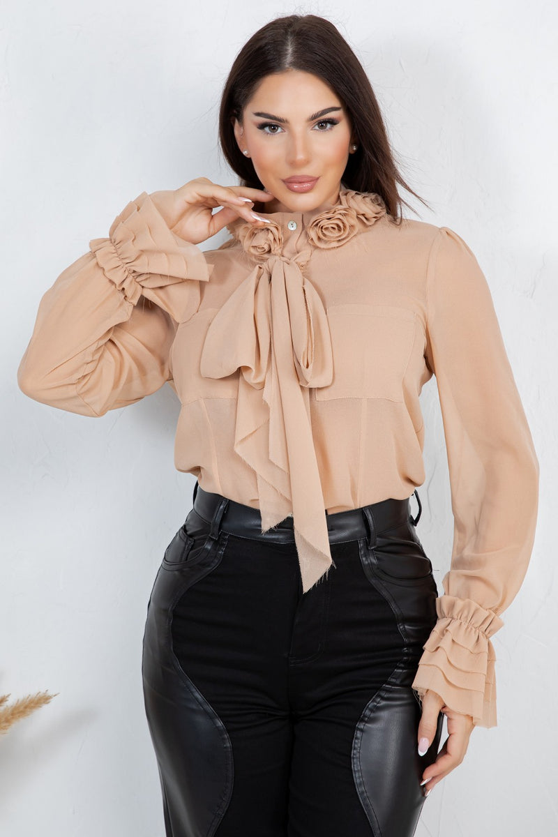 Lyana ed flower trim long sleeve blouse