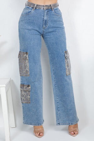 Leopard cargo denim jeans