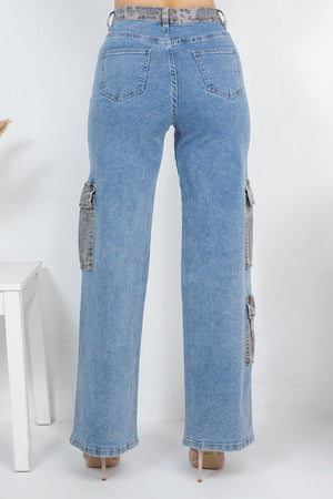 Leopard cargo denim jeans