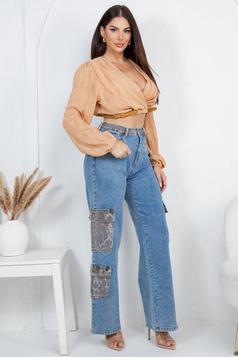 Leopard cargo denim jeans