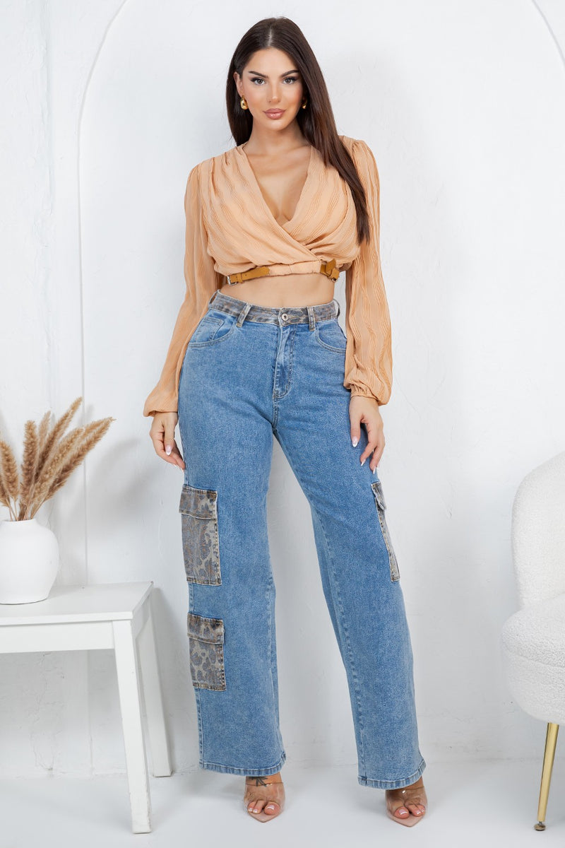 Leopard cargo denim jeans