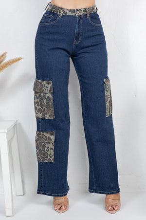 Leopard cargo denim jeans