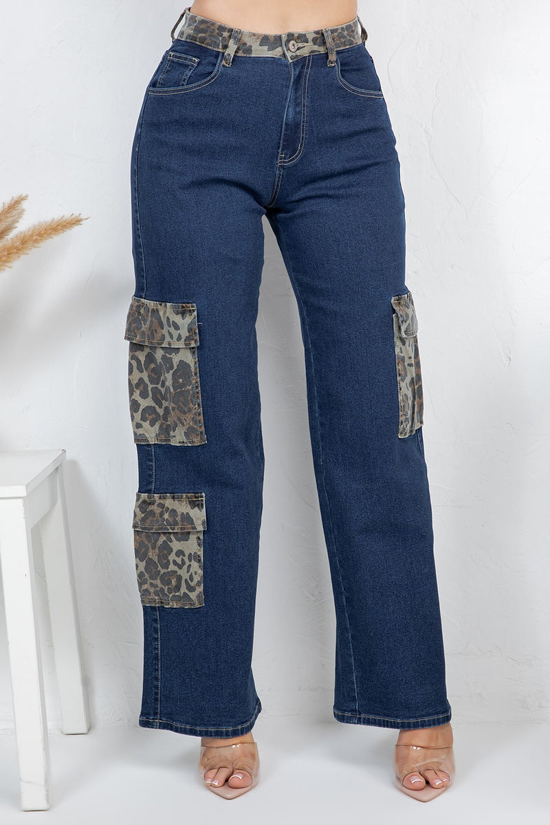 Leopard cargo denim jeans