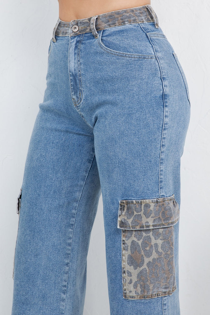 Leopard cargo denim jeans