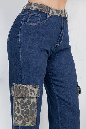 Leopard cargo denim jeans