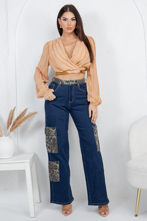 Leopard cargo denim jeans