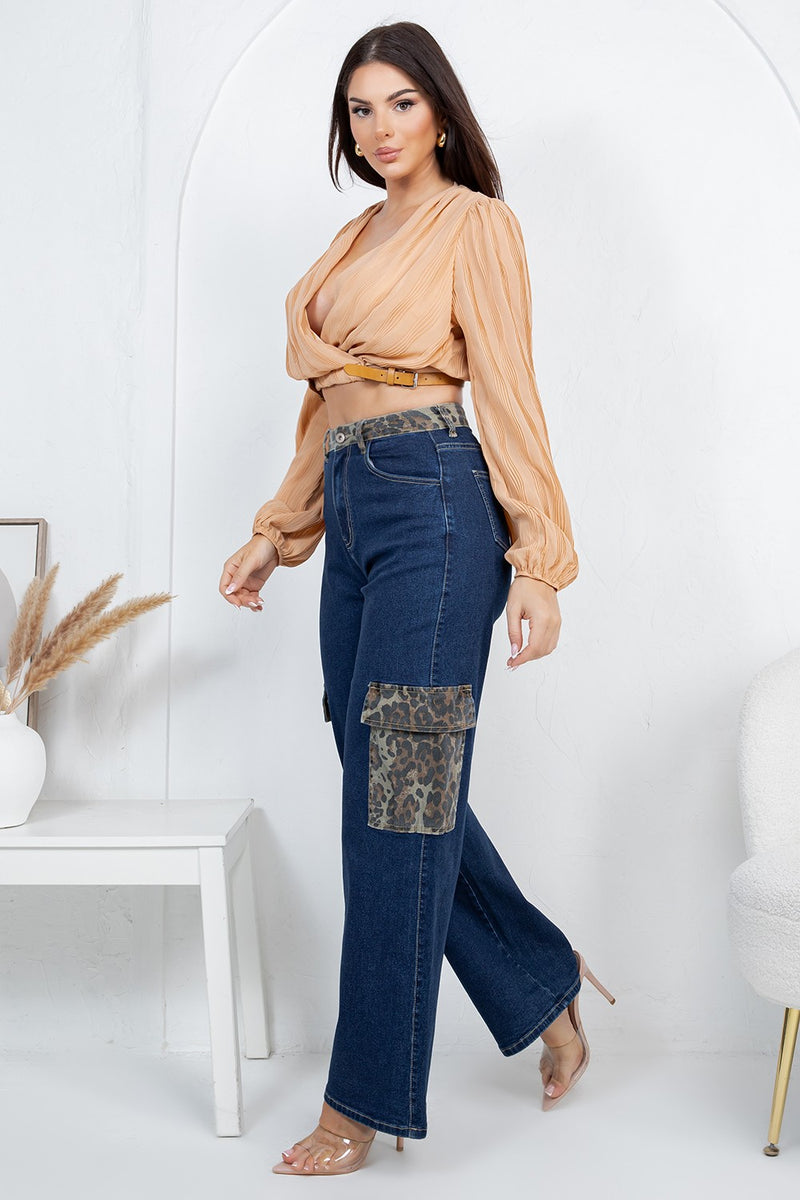 Leopard cargo denim jeans