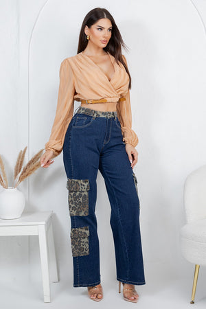 Leopard cargo denim jeans