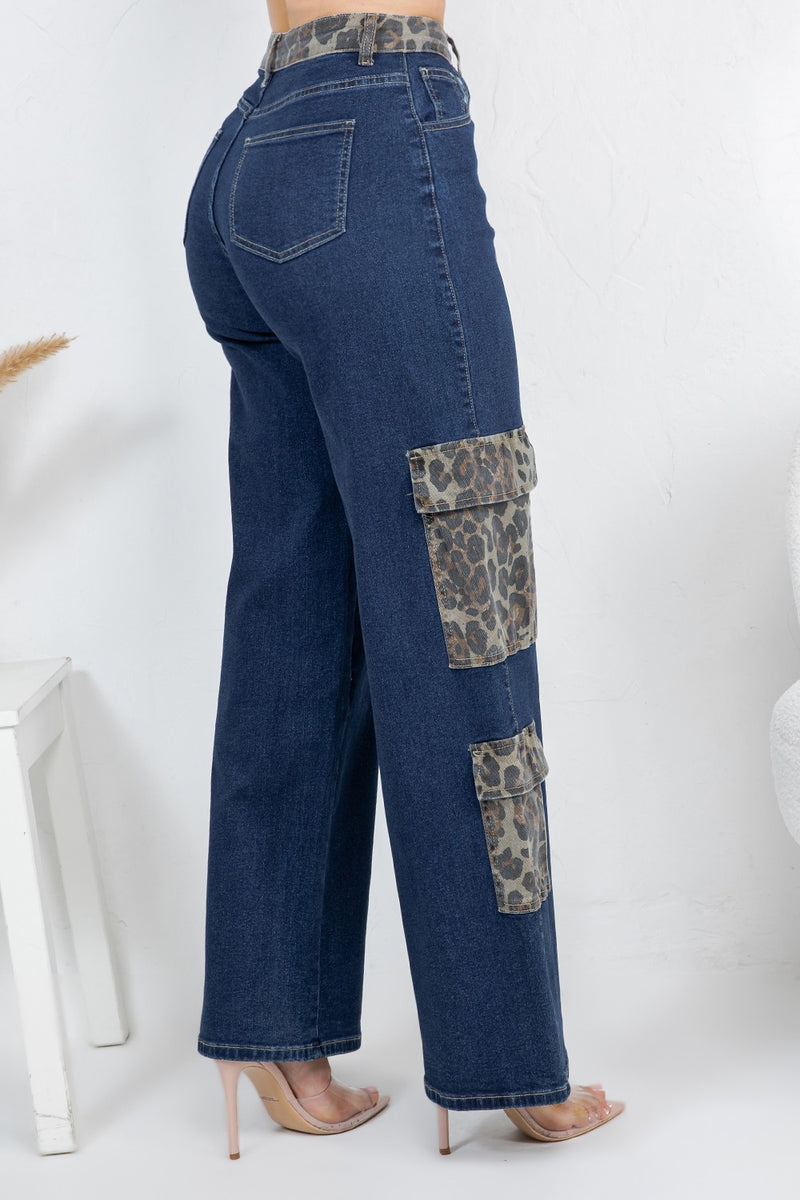 Leopard cargo denim jeans