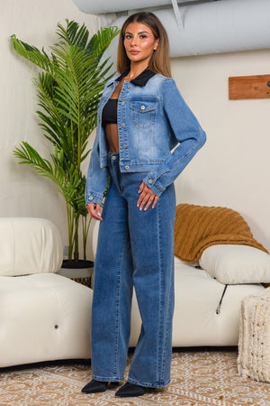 Corduroy collar neck denim jacket