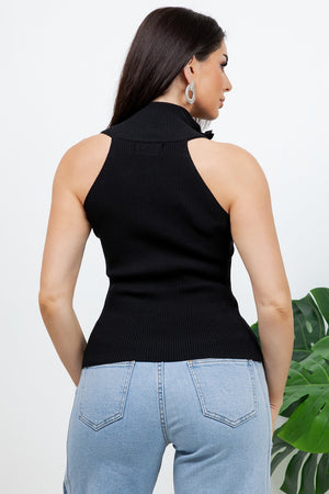 Bulla sleeveless knit top with a double-open zipper that can be zipped from both the top and bottom. it features a high collar that can be worn fully zipped up or opened down for a more relaxed look.