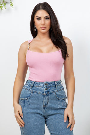 Bluma accessories ribbet knit top featuring silver - tone accesories with gemstone details along the shoulders