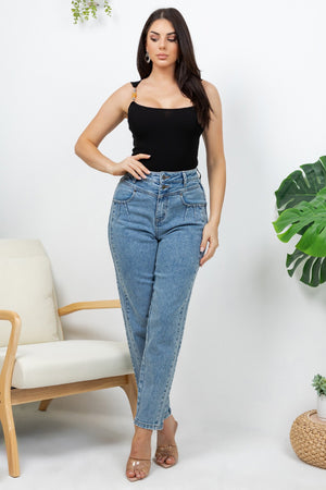 Bluma accessories ribbet knit top featuring silver - tone accesories with gemstone details along the shoulders