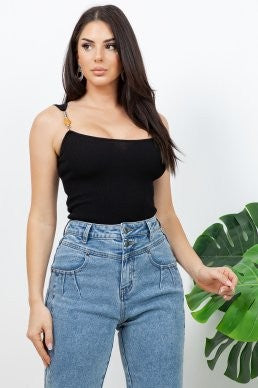 Bluma accessories ribbet knit top featuring silver - tone accesories with gemstone details along the shoulders