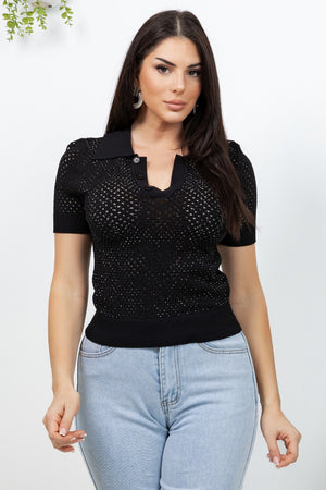 Giovanna Knit mesh pattern top with rhinestones all over