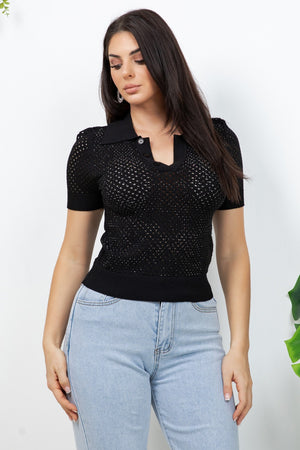 Giovanna Knit mesh pattern top with rhinestones all over