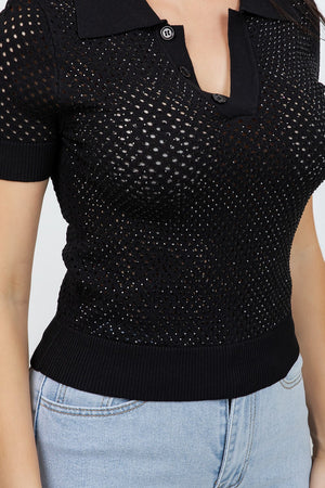 Giovanna Knit mesh pattern top with rhinestones all over