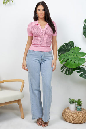 Giovanna Knit mesh pattern top with rhinestones all over