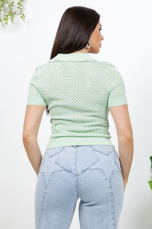 Giovanna Knit mesh pattern top with rhinestones all over