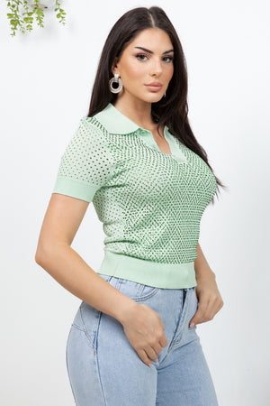 Giovanna Knit mesh pattern top with rhinestones all over