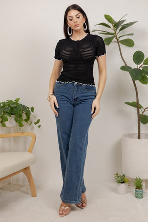 Olimpia short sleeve textured knit top with pearls details