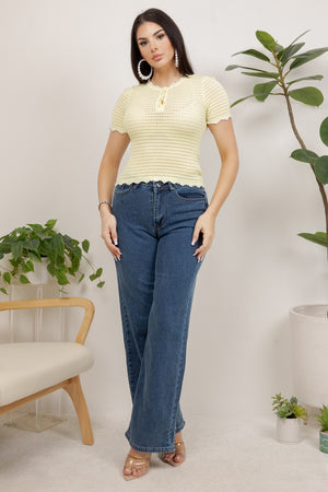 Olimpia short sleeve textured knit top with pearls details