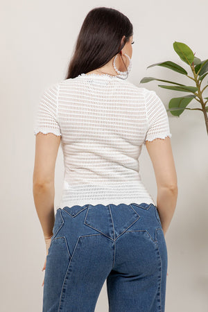 Olimpia short sleeve textured knit top with pearls details