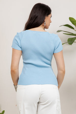 Ribbed short sleeve knit top with v-neckline and ornamental metal button details.