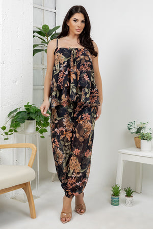 Vico – tego 2 pieces set with adjustable flower print tank top, bubble flower print pants.