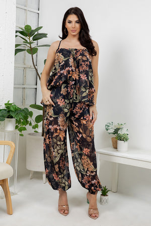 Vico – tego 2 pieces set with adjustable flower print tank top, bubble flower print pants.
