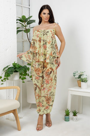 Vico – tego 2 pieces set with adjustable flower print tank top, bubble flower print pants.