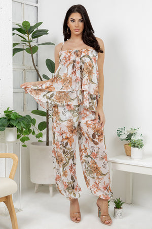 Vico – tego 2 pieces set with adjustable flower print tank top, bubble flower print pants.