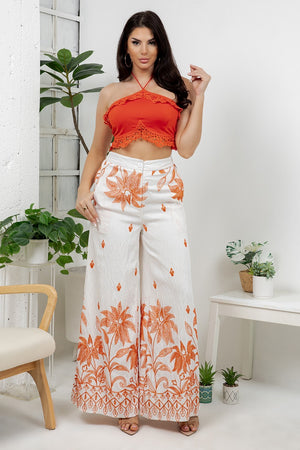 Riu Stretchy crop top features tone-on-tone guipure lace trim all around