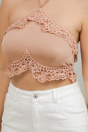 Riu Stretchy crop top features tone-on-tone guipure lace trim all around