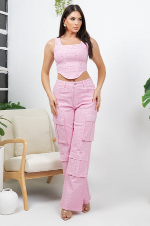 Zircon rhinestones 4 pockets cargo jean