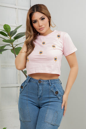 TURKISH Evil Eye Embroidered Cropped T-Shirt