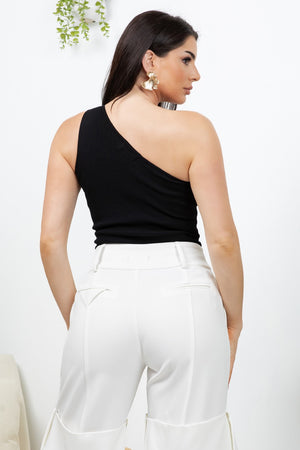 Dorotea a one-shoulder knit blouse featuring matching knit rose flower details on the shoulder. designed with a feminine and elegant silhouette.