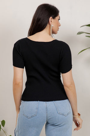Tulipan Short Sleeve Crossover V-Neck Textured Knit Top