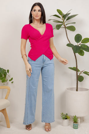 Tulipan Short Sleeve Crossover V-Neck Textured Knit Top
