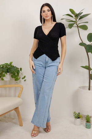Tulipan Short Sleeve Crossover V-Neck Textured Knit Top