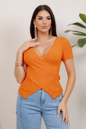 Tulipan Short Sleeve Crossover V-Neck Textured Knit Top
